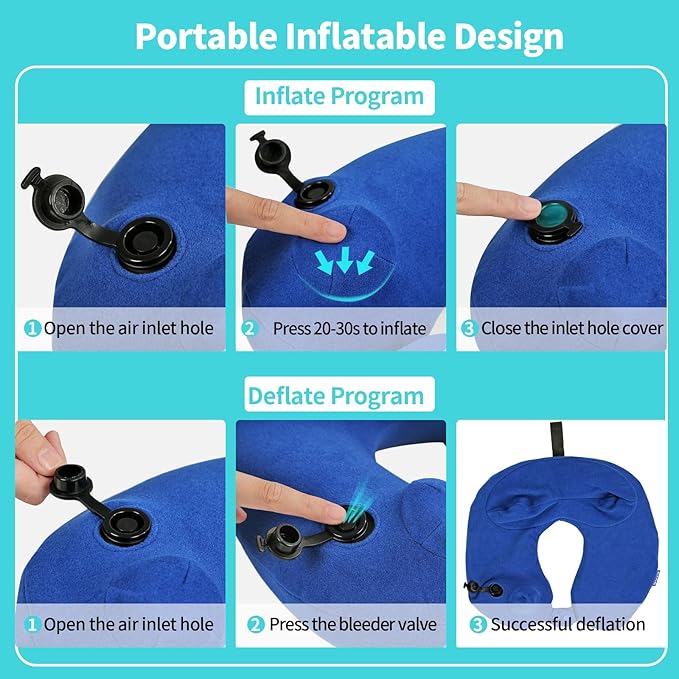 Inflatable Travel Neck Pillow for Airplane, Head Support Velvet Adult Neck Pillow for Long Flight, Kit with Eye Mask, Earplugs and Storage Bag,1, Navy Blue