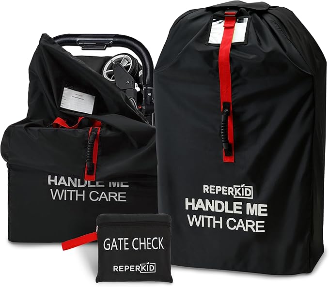 reperkid Medium Stroller Bag for Airplane Travel, Black & Red, 42" H x26 W x13 D, Fits Most Single Strollers Incl. Jogging & Standard Models – Premium Waterproof Cover, Adjustable Shoulder Straps