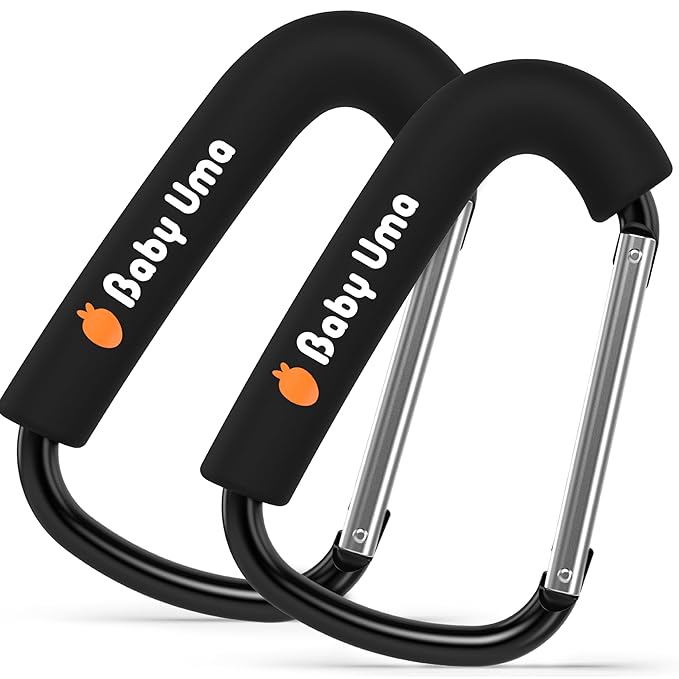 Baby Uma XL Stroller Hooks for Bags (2 Pack) - Universal Stroller Clips and Hooks with Foam Handle, 11 lb Weight Capacity per Carabiner, Adjustable & Non-Slip, Baby Travel Essential