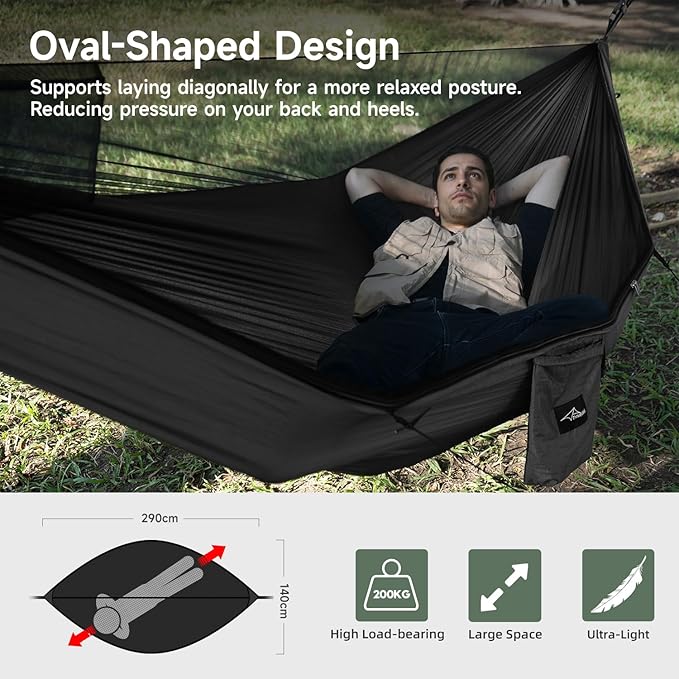 Camping Hammock with Mosquito Net and Ridge Rope, Extra Large for 2 Person, Lightweight Hanging Hammocks Tree Straps, All-in-one Fast Open Hammock for Outside, Hiking, and Travel