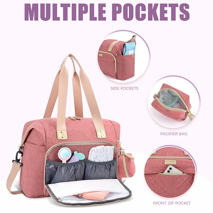 Tuwubi Diaper Bag Tote,Baby Diaper Bag with Pacifier Case Large Travel Diaper Tote Caddy for Mom and Dad Multifunction Large Baby Bag - Pink