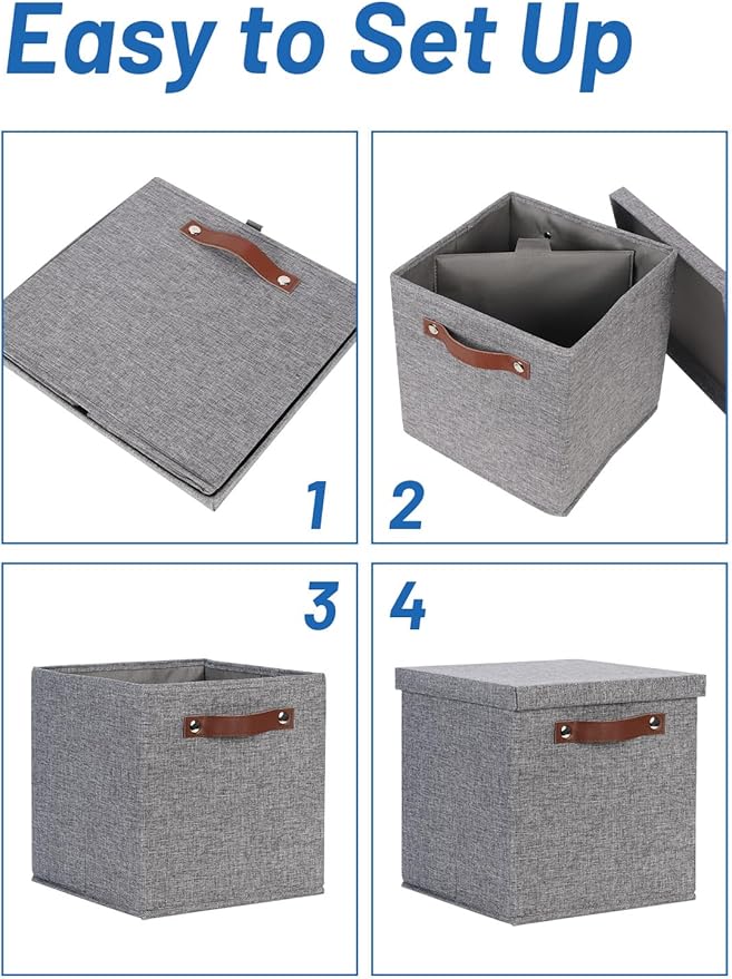 Temary Foldable Fabric Storage Bins with Lids, 2-Pack Storage Bin for Organizing Living Room, Closet Organization, Multi-Purpose Storage Boxes for Clothes (Grey, 10.5x10.5x10.5 inch)