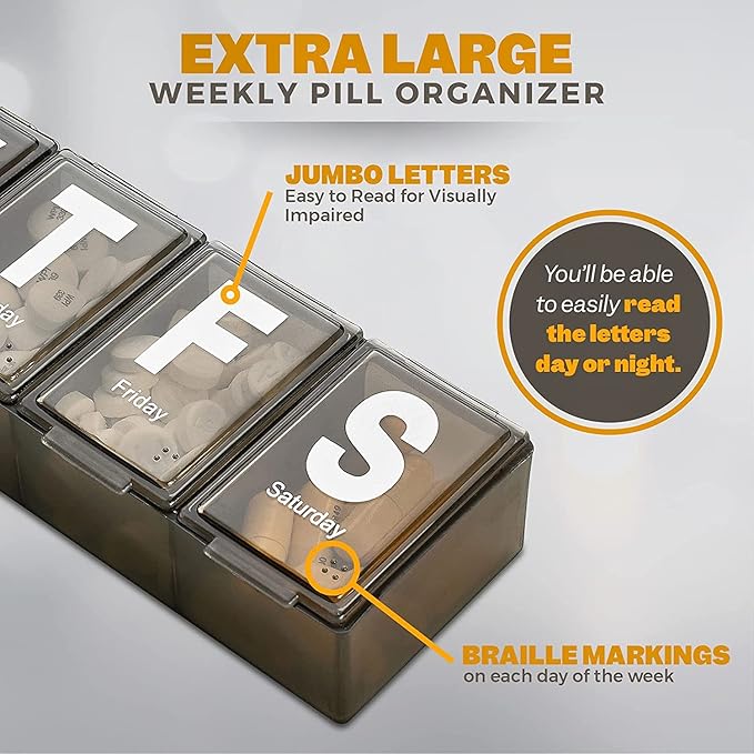 Weekly Pill Organizer - (Pack of 3) Extra Large Vitamin Container with Jumbo Easy to Read Letters, BPA Free - Daily Travel 7 Day Medication Pill Box Case, (Black)