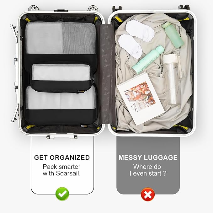 Compression Travel Packing Cubes, 6 Set Expandable Luggage Organizer Bags, Durable Travel Accessories for Suitcases, Backpacks, and Carry-Ons (Black)