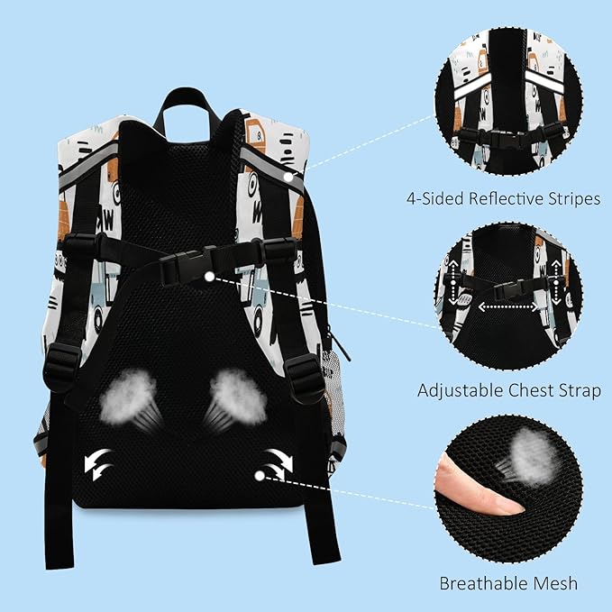 Transport Truck Excavator Toddler Backpack Boys Girls Kids Preschool Bookbag School Children Bag with Leash Travel Casual Daypack Kindergarten Elementary Schoolbag for Nursery Junior Primary Students