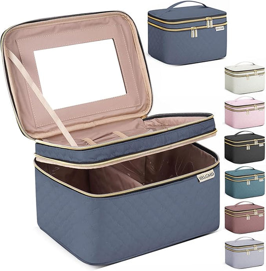 Large Makeup Bag with Mirror Double Layer Travel Make Up Organizer Case, Large Capacity Coemetic with Brush Slot Divider, Travel Toiletry Bag for Women (Aegean Blue)
