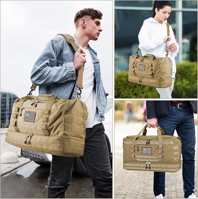 ETRONIK Travel Bag for Men Women, Gym Bag & Tactical Duffle Bags for Travel, Carry on with Toiletry Bag and Shoe Compartment, Weekender Overnight Trip with Wet Pocket for Workout Medical, Brown