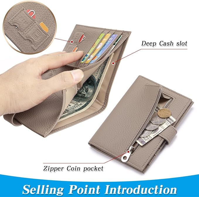 Passport Holder for Travel Women RFID Blocking Genuine Leather Passport Wallet with Card Slots, Zipper Coins Pocket, Cash Holder, Grey