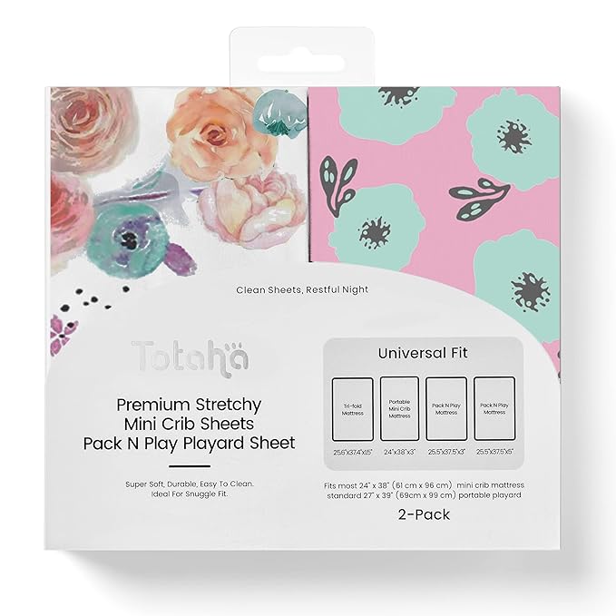 TotAha Premium Stretchy Pack N Play Playard Sheets | Mini Crib Sheets (2-Pack) -Hypoallergenic, Silky Comfort, Buttery Soft, Calming Effect, All-Season Jersey-Knit (Colorful Flora & Blue Flowers)