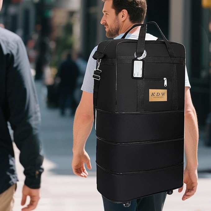 Foldable Travel Bag with Wheels, Extendable Tote Bag, Roller Expandable Luggage Compartment, Large Capacity Lightweight Luggage Bag, Waterproof for Men and Women(Black)