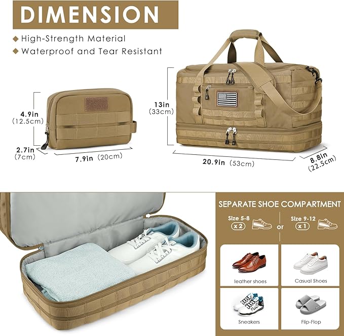 ETRONIK Travel Bag for Men Women, Gym Bag & Tactical Duffle Bags for Travel, Carry on with Toiletry Bag and Shoe Compartment, Weekender Overnight Trip with Wet Pocket for Workout Medical, Brown