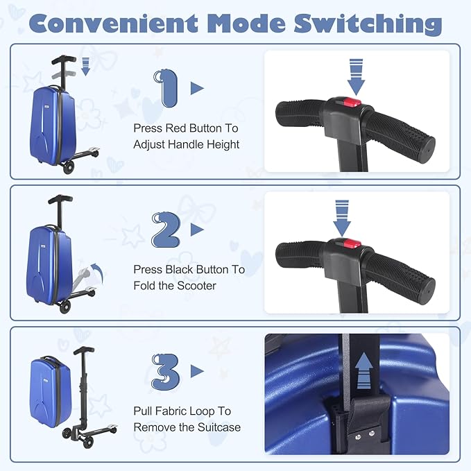 iubest Scooter Luggage Carry On Scooter Suitcase for Kids Age 4-15, Detachable & Foldable 4 in 1 Kids Suitcase, Multifunctional Ride On Travel Trolley Scooter Combo-Blue
