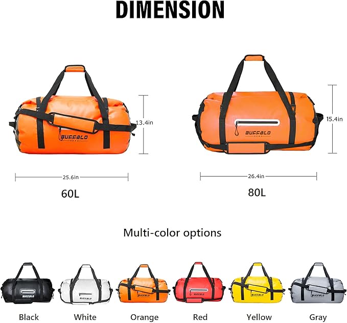 Buffalo Gear Waterproof Duffle Bag 40L 60L 80L Roll-top Dry Bag Heavy Duty Waterproof Duffel Travel Bag for Kayaking Rafting Boating Fishing Camping