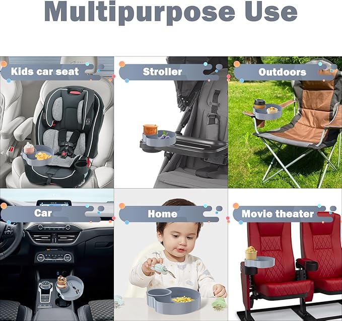 [2 Packs] Kids Car Seat Tray, Travel Tray with Cup Holder for Toddler Baby, Kids Car Seat Food Snack Organizer for Road Trip, Stroller snack Organizer Travel Must Haves (Light Grey, 2 PCS)