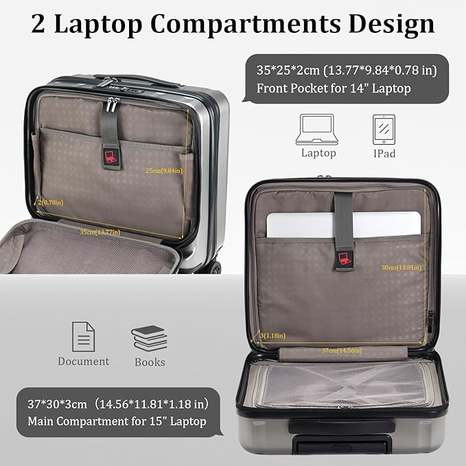 16 Inch Carry On Luggage with 2 Compartments for 14” & 15” Laptop, 16.14*8*17.12” Rolling Briefcase, Lightweight Hardshell ABS+PC Suitcase with Spinner Silent Wheels, for Business Trip, Dark Gray