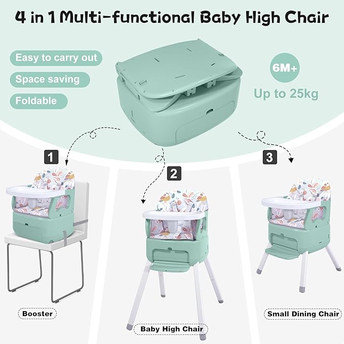4 in 1 Portable Baby Highchair Convertible Highchair for Babies and Toddlers - Foldable Carry Small Box, High Chair, Infant Booster Seat, Dining Chair, Easy to Carry and Store(Green)