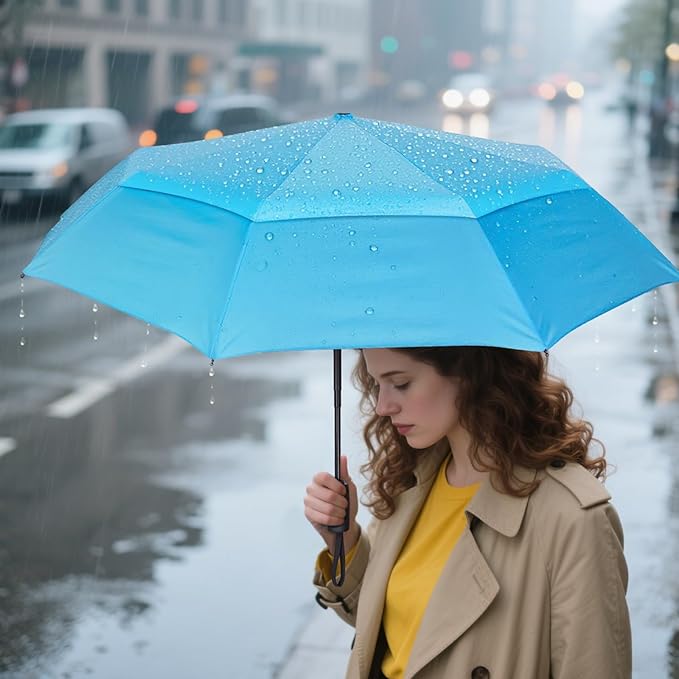 PTEROMY Windproof Compact Travel Umbrellas for Rain and Sun, Withstands 85MPH Winds Auto Open Close Folding Umbrella with Ergonomic Handle, Quick Dry Canopy for Commuting or Backpack