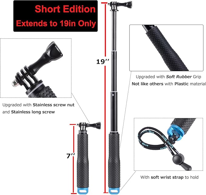 19” Short Extension Selfie Stick Compact Handle Grip Adjustable Waterproof Monopod Pole Compatible with GoPro Hero 13 12 11 10 9 8 7 6 5 AKASO DJI Osmo Action Camera(Mini Size)