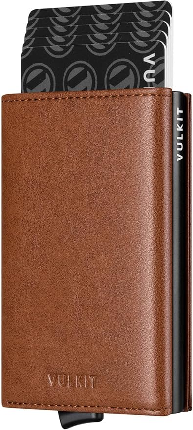 VULKIT Pop up Card Wallet Minimalist Cash Wallets RFID Blocking Leather Smart Credit Card Holder with ID window for Men(Brown)