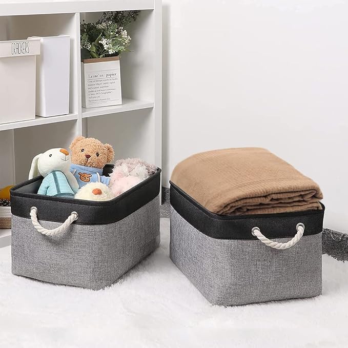 TheWarmHome Organization and Storage Basket for Organizing - 17x14x10 inch Large 3 Pack Collapsible Storage Bin for Shelves, Fabric Basket for Gifts Empty Organizer Gift Closet (Black & Grey)