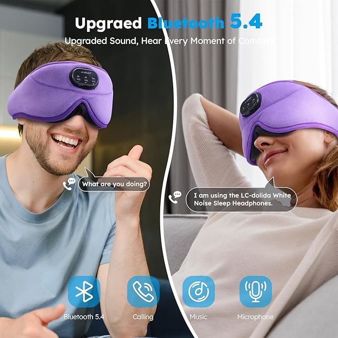 LC-dolida White Noise Sleep Mask, 3D Sleep Headphones with 16 Soothing Sounds, Bluetooth 5.4 Sleep Eye Mask with Timer, Total Blackout Sleeping Headphones for Side Sleeper(Purple)