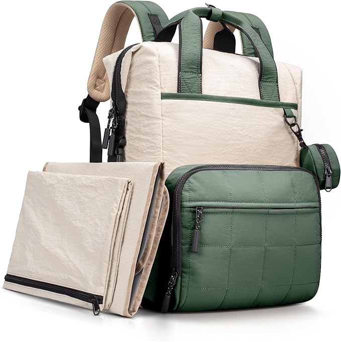 VONAL Diaper Bag Backpack, Lightweight Baby Diaper Bags, Travel Large Diaper Bag with Changing Station, Green Diaper Backpack for Boys Girls Newborn with Insulated Pockets, Stroller Straps