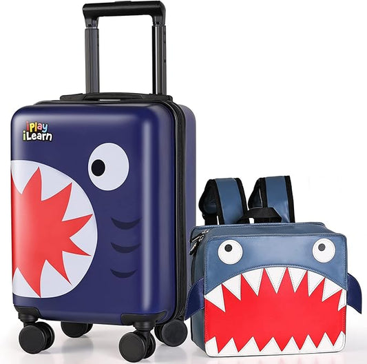 iPlay, iLearn Shark Kids Luggage, Boys Carry on Suitcase, 18" Hardside Travel Luggage Set W/Backpack, Toddlers Rolling Luggage W/ 4 Spinner Wheels, Children Holiday Birthday Gifts