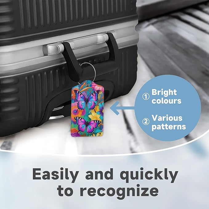 2 Pack Luggage Tag for Suitcase,Groovy Flowers Butterflies Leather Suitcase Tags Identifiers with Privacy Name Address Labels and Durable Steel Loop for Women Men Travel
