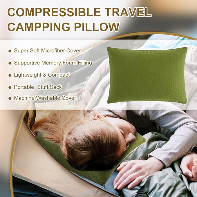 Ivellow Memory Foam Travel Pillow Compressible Camping Pillow for Sleeping Shredded Memory Foam Pillow Compact Firm Supportive Small Pillow for Adults Kids Outdoor Backpacking Hiking Essential Gear-S