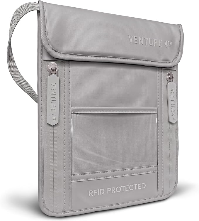 VENTURE 4TH Passport Holder Neck Wallet with RFID Blocking Nylon Lining - Hidden Neck Pouch for Travel (Sleek Silver)