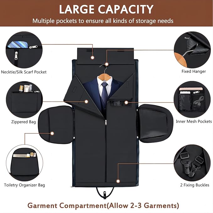 Garment Bag for Travel, Convertible Carry on Garment Duffel Bag for Men 3Pcs Weekender Bag 2 in 1 Hanging Suitcase Suit Bag
