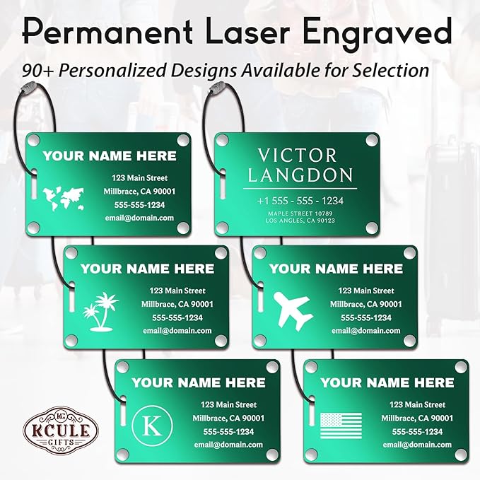 Personalized Luggage Tags: Custom Metal Luggage Tags for Suitcases, Backpacks and Bags with Your Personalized Text (Green)