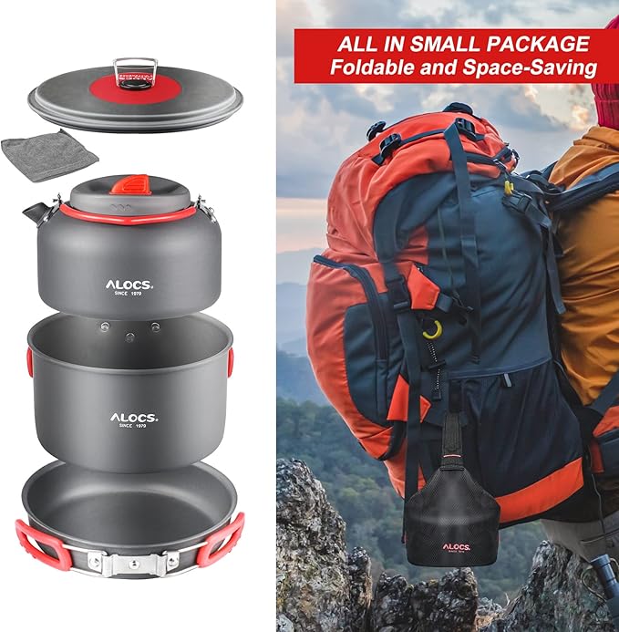 Alocs Camping Cookware Set - Lightweight Camping Cookware Mess Kit - Camping Pots and Pans Set - Camping Cooking Gear with Portable Carry Bag for Outdoor Backpacking Hiking and Picnic