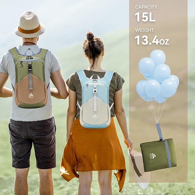 15L Small Hiking Backpack for Men Women Lightweight Packable Backpack Foldable Casual Daypack for Camping Travel Outdoor, Green