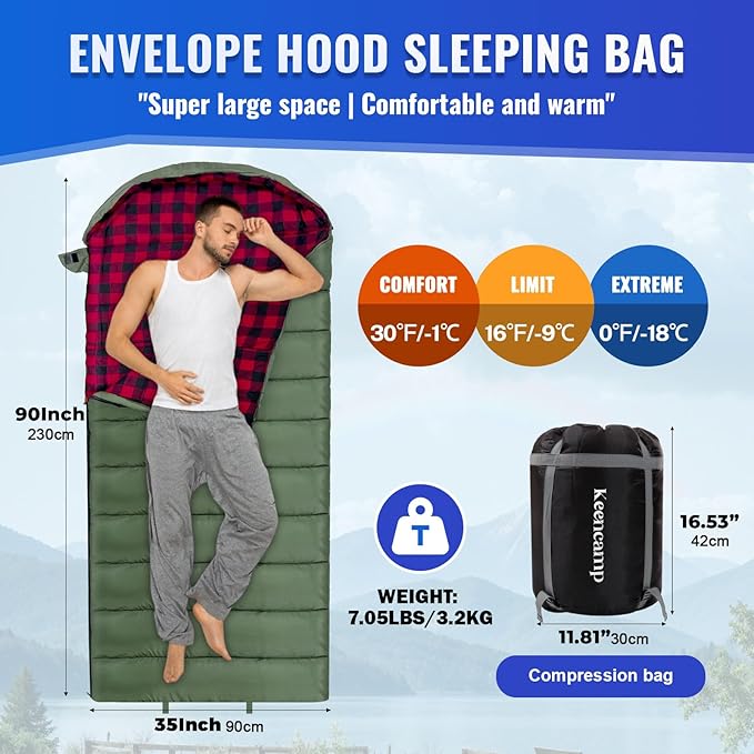 0 Degree Sleeping Bag Cotton Flannel Winter Cold Weather for Adults XXL Sleeping Bag 4 Season Big and Tall with Pillow Compression Sack