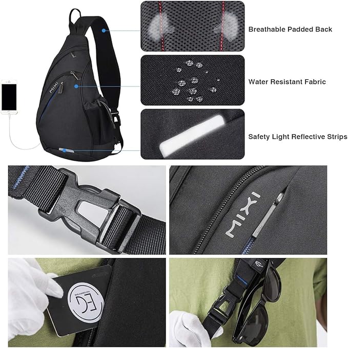 mixi Sling Bag Men Backpack Unisex One Shoulder Bag Hiking Travel Backpack Crossbody with USB Port for Men Women Versatile Casual Daypack-19 inch,Black