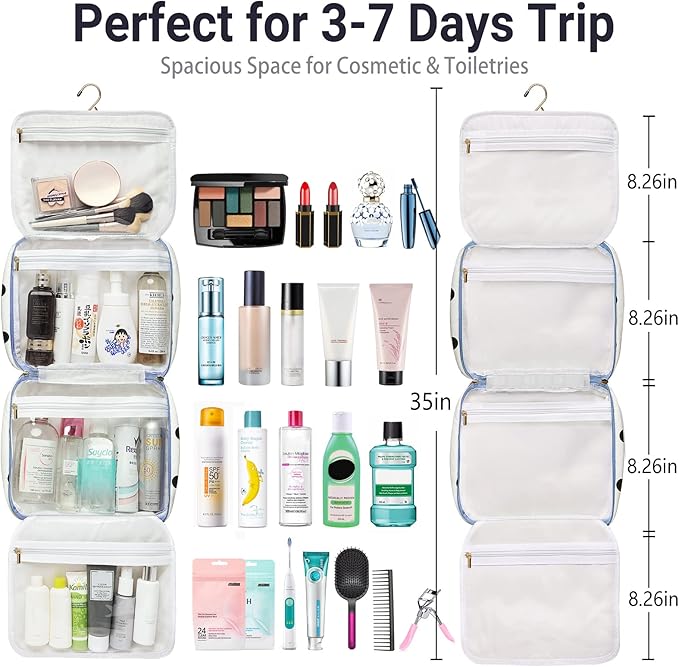 Hanging Travel Toiletry Bag,Large Capacity Cosmetic Travel Toiletry Organizer for Women with 4 Compartments & 1 Sturdy Hook,Perfect for Travel/Daily Use/Christmas