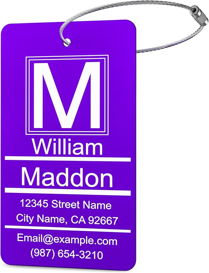 Luggage Tags for Suitcase - Personalized Engraved Metal Tag for Cruise Travel Purple - Custom Name Tags Suitable for Bags and Backpacks