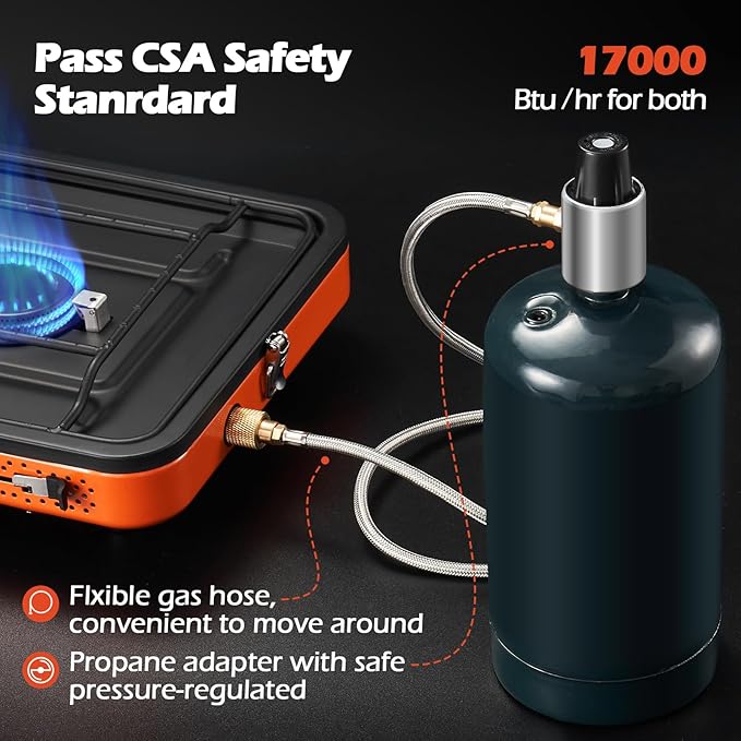 Odoland Portable 2 Burner Camping Stove Propane 17000 BTU/h Gas Stove Collapsible Backpacking Stove for Indoor Outdoor Cooking Hiking and Picnic