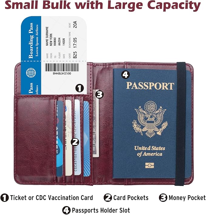 Passport Holder for Travel Women Men, Passport Wallet RFID Blocking US Passport Cover Case, Waterproof Leather Travel Documents Holder with Vaccine Card Slot, Ticket Organizer Carrier