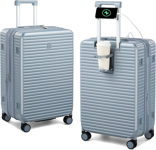 Hard Shell Suitcases 24 Inch Check in Luggage with Spinner Wheels, Expandable Travel Luggage with Cup Holder Charger Built in, Checked Medium Suitcase Lightweight Suitcases, Silver