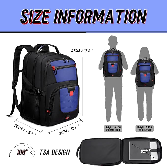 Z-MGKISS Large Travel Backpack for Men, TSA Flight Approved Business Backpack, USB Computer Bagpack Fits 17.3 Inch Laptop, Blue