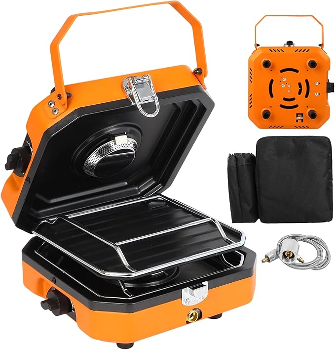 Adjustable 2-Burner Portable Stove with 16000 BTU, with Camping Grill and Carrying Bag, Portable Propane Camp Stove with 2 Burners & Piezo Ignition for Camping, Backyard BBQ,Tailgating (Orange)