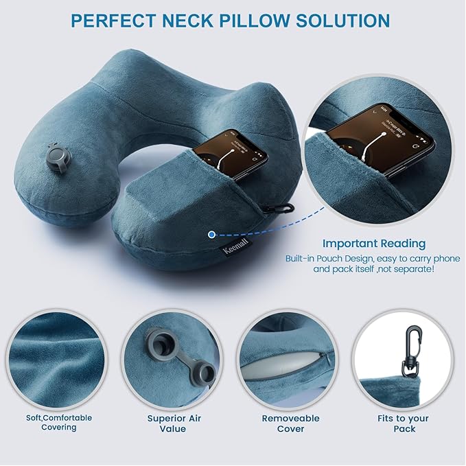 Inflatable Travel Neck Pillow for Airplane Sleeping Blow Up Neck Support Air Pillow Traveling on Plane Long Flights Washable