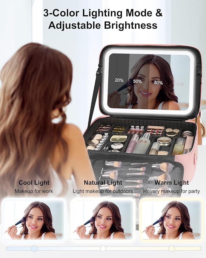 Relavel Makeup Bag with LED Mirror, 16.2 inches Large Professional Makeup Case for Makeup Artists, Travel Portable Cosmetic Organizer Storage Box, Vanity Case with 3 Colors Lighted Mirror, Pink