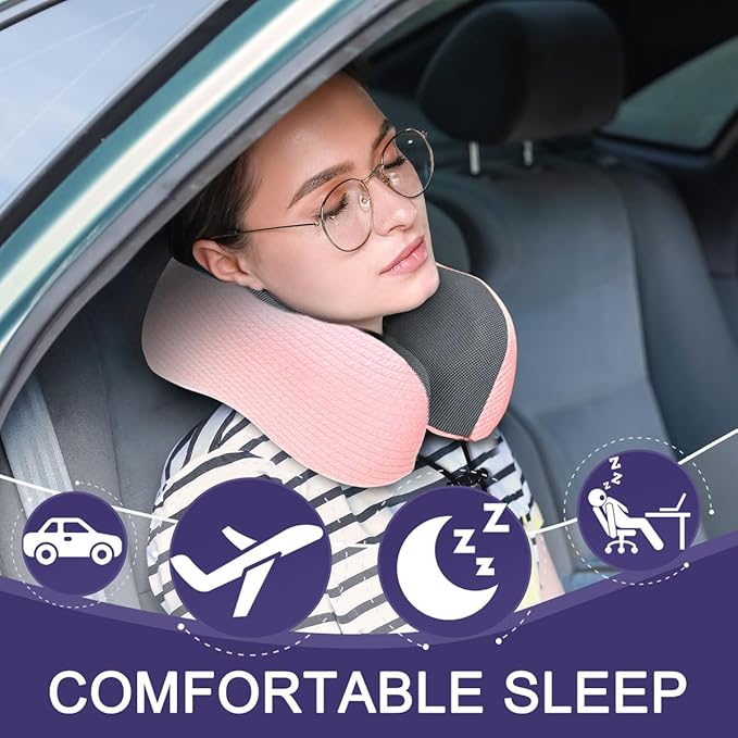 napfun Neck Pillow for Traveling, Upgraded Travel Neck Pillow for Airplane 100% Pure Memory Foam Travel Pillow for Flight Headrest Sleep, Portable Plane Accessories, Pink