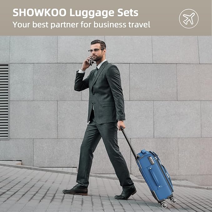 SHOWKOO Luggage Sets 3 Piece Softside Expandable Lightweight Durable Suitcase Sets Double Spinner Wheels TSA Lock Sky Blue (20in/24in/28in)
