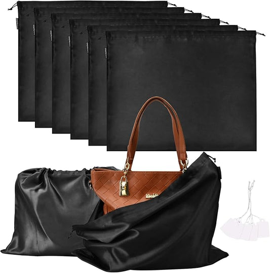 6 Pack Dust Bags for Handbags Silk Dust Cover Bag for Handbags Purses Shoes Boots, Silk Dustproof Drawstring Bag Travel Storage Pouch (Black, 19.6 × 15.7 in)