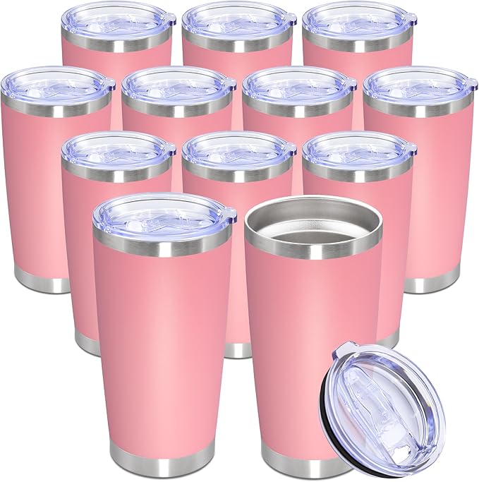 20oz Tumbler Bulk Stainless Steel Tumbler Cup with Lid Vacuum Insulated Double Wall Travel Mug, Durable Powder Coated Travel Coffee Tumbler Mug for Hot & Cold Drinks, Pink,12 Pack