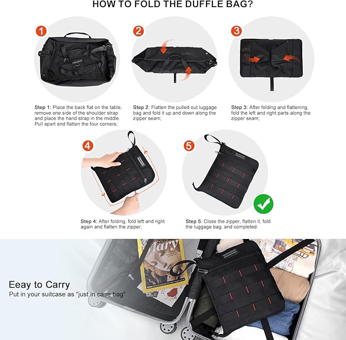 WITZMAN Foldable Duffle Bag for Travel 65L Lightweight Packable Duffel Bag with Shoes Compartment Overnight Bag for Men Women (B697 Black)
